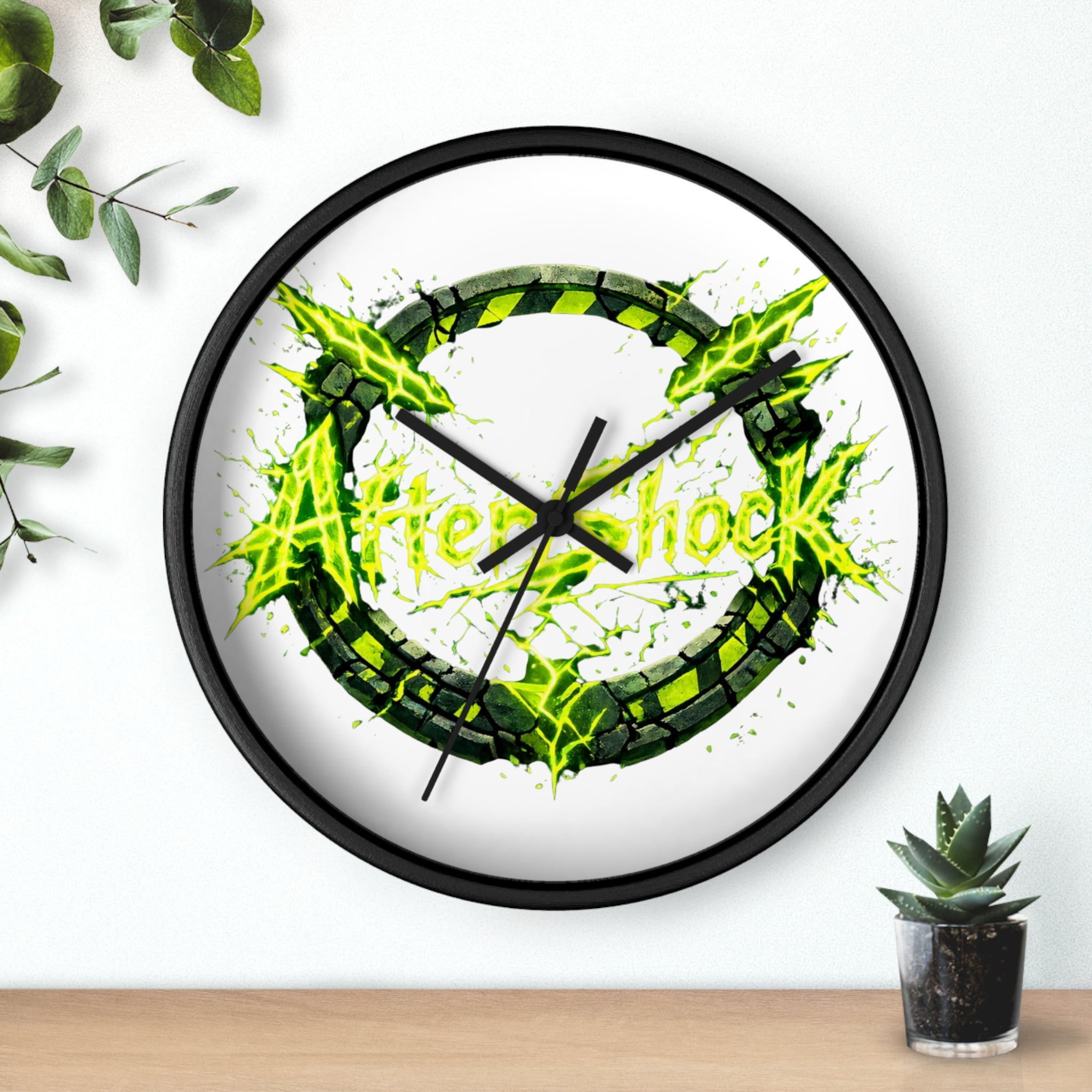 Aftershock Neon Graphic Wall Clock — Electric Green Industrial Ring Timepiece