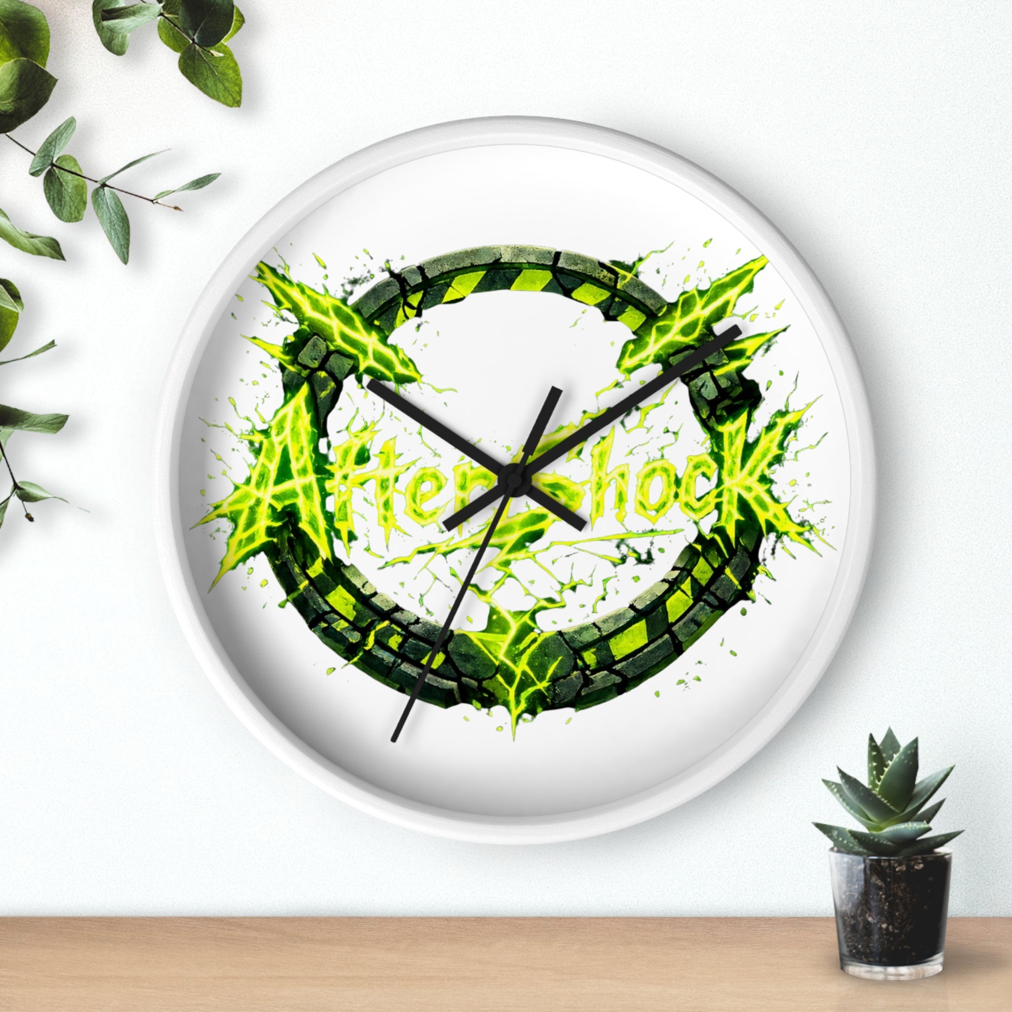 Aftershock Neon Graphic Wall Clock — Electric Green Industrial Ring Timepiece