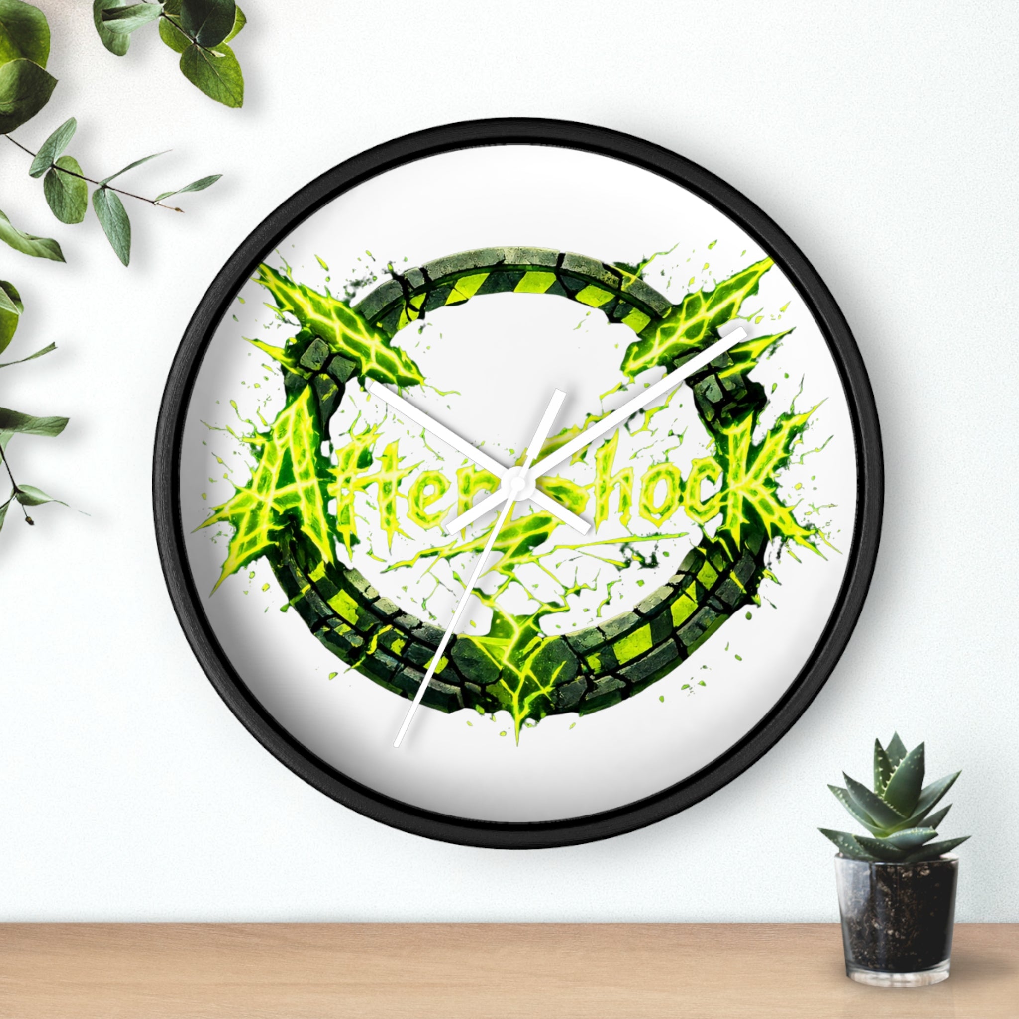Aftershock Neon Graphic Wall Clock — Electric Green Industrial Ring Timepiece