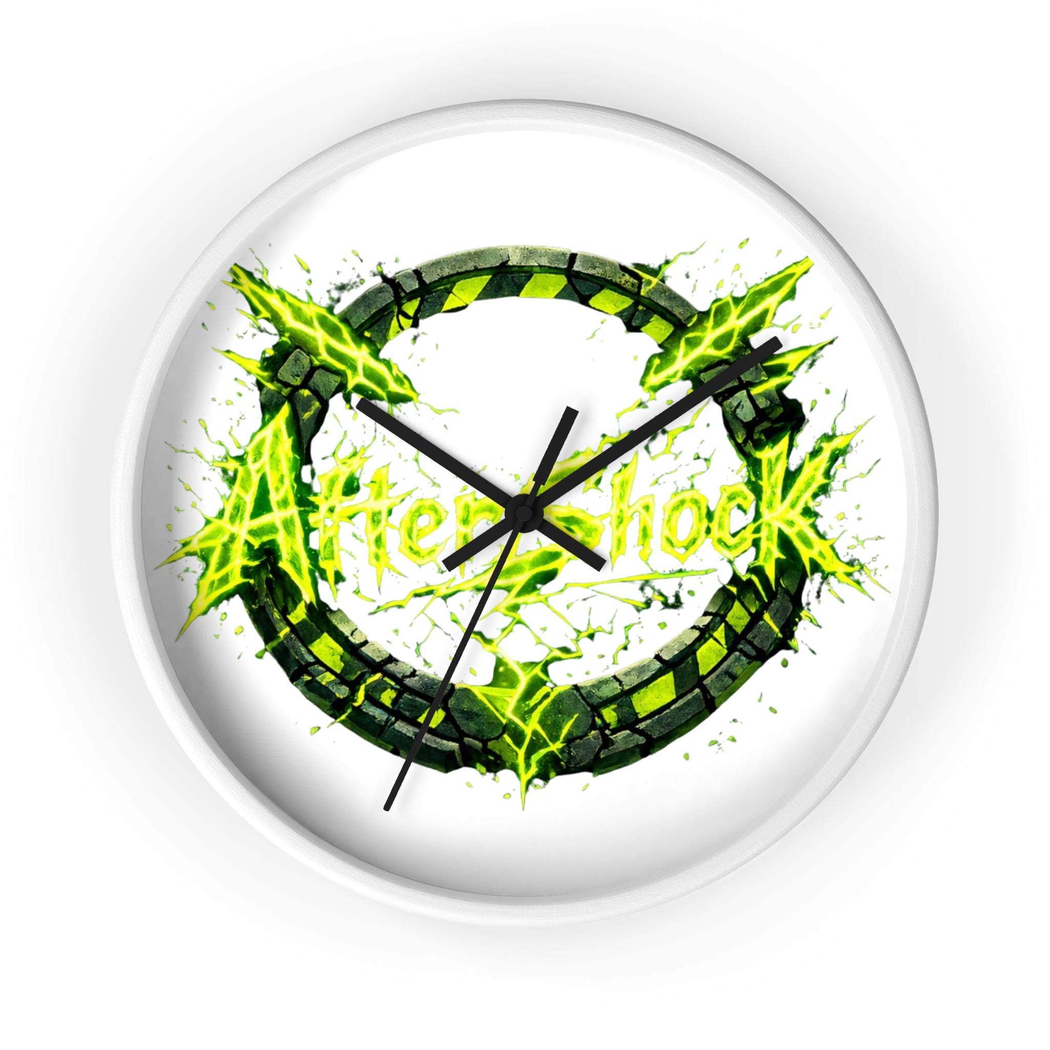 Aftershock Neon Graphic Wall Clock — Electric Green Industrial Ring Timepiece