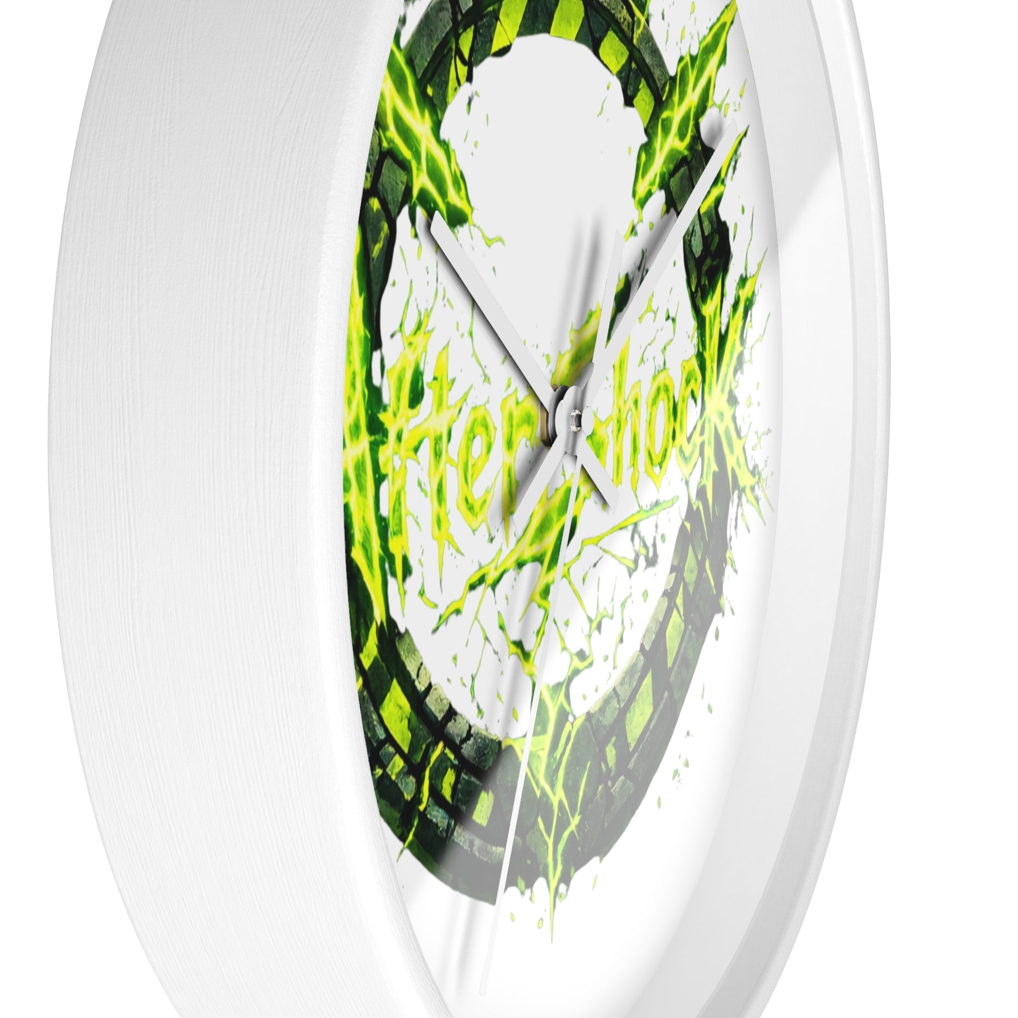 Aftershock Neon Graphic Wall Clock — Electric Green Industrial Ring Timepiece