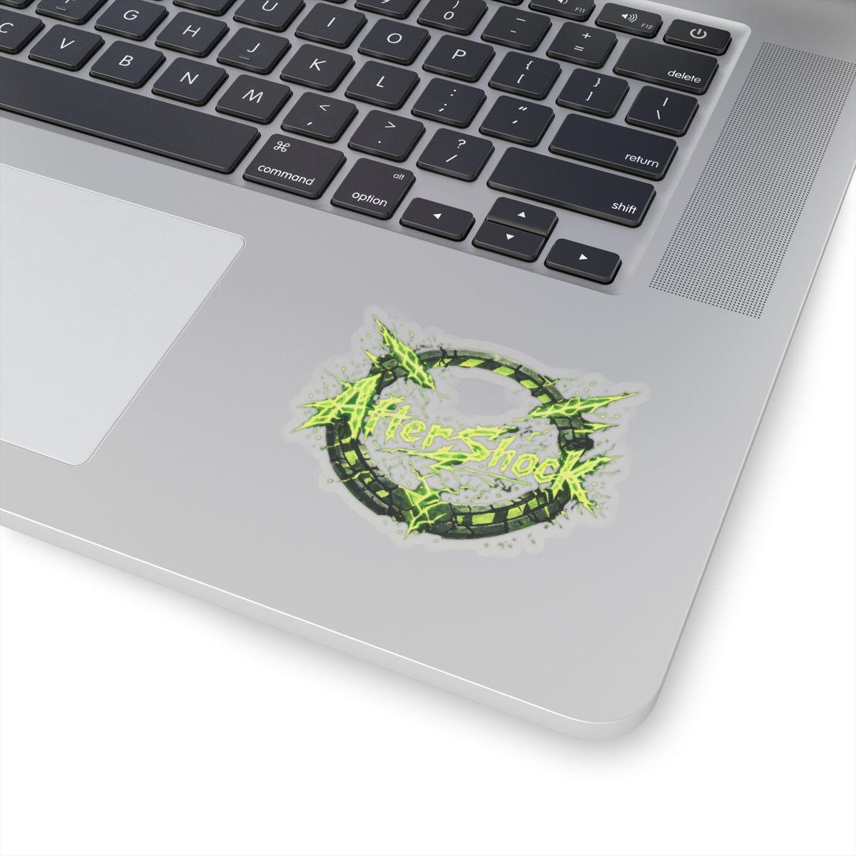 AfterShock Neon Logo Sticker — Electric Green Kiss-Cut Laptop Decal