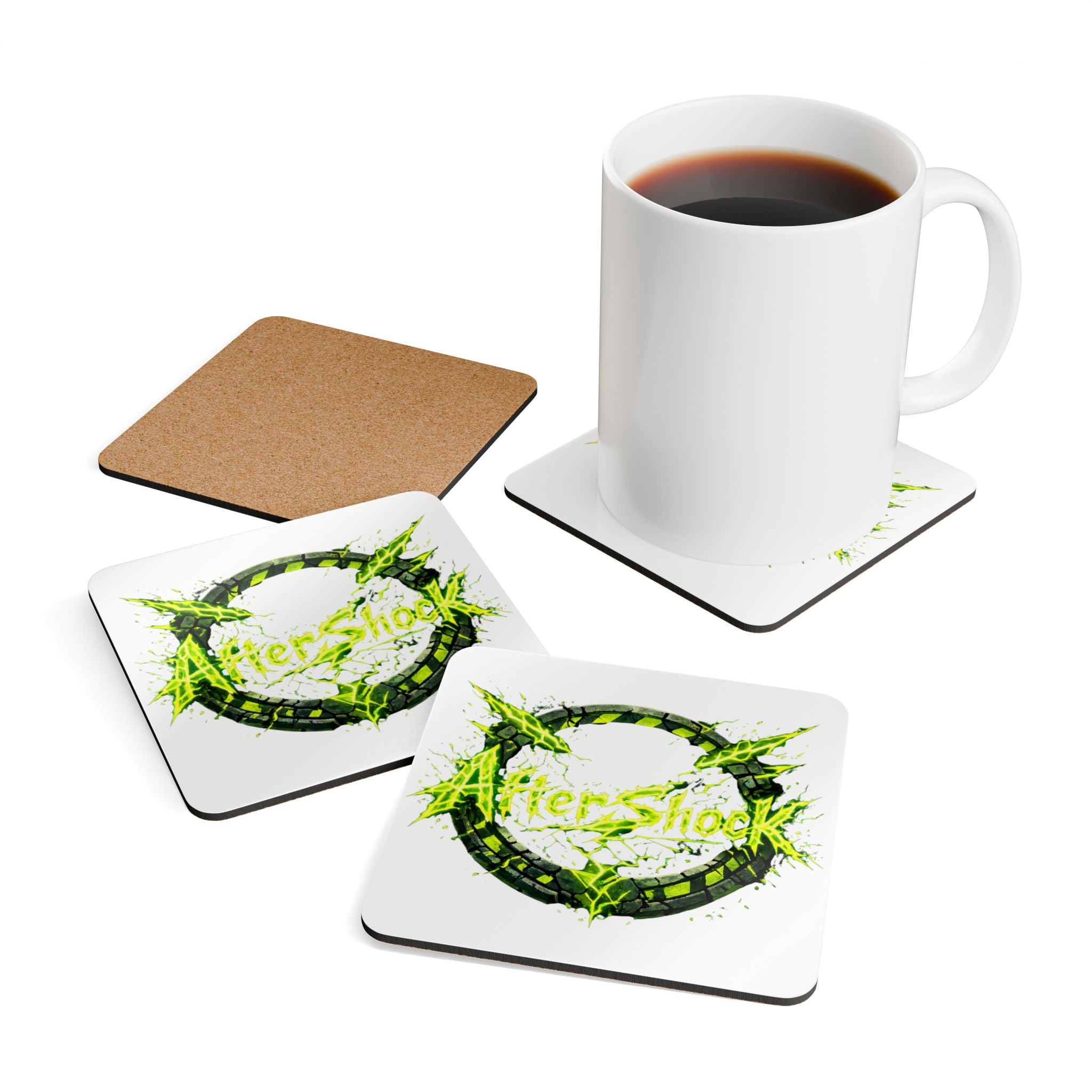 Aftershock Neon Logo Cork Coaster Set — 4-Pack Drink Coasters