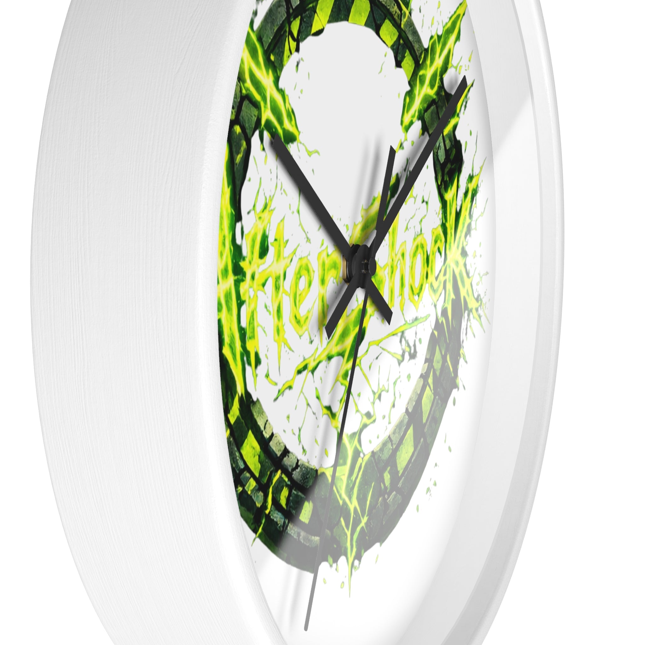 Aftershock Neon Graphic Wall Clock — Electric Green Industrial Ring Timepiece