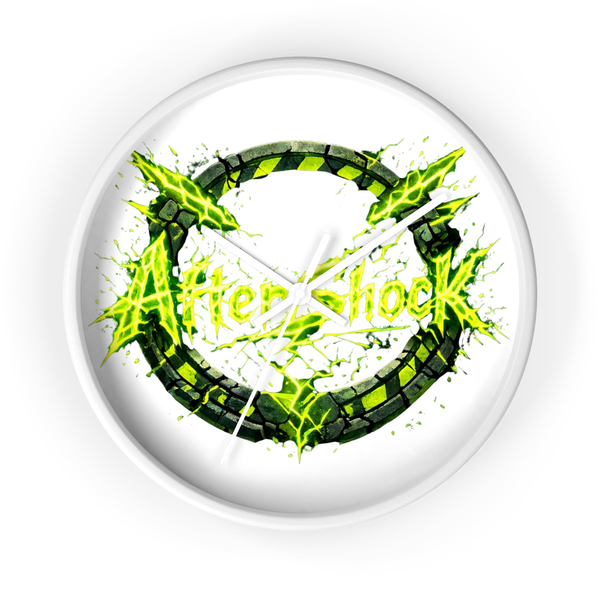Aftershock Neon Graphic Wall Clock — Electric Green Industrial Ring Timepiece